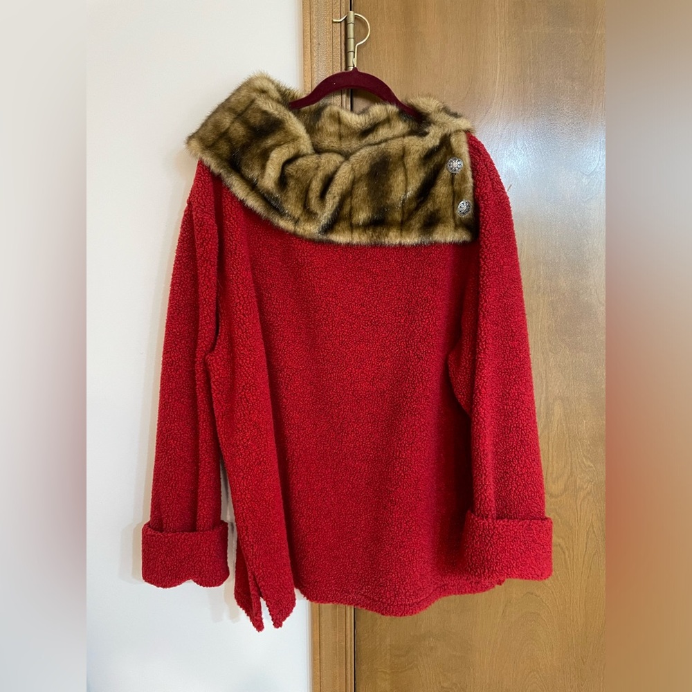Tasha Polizzi Red Pullover with Brown Faux-fur Collar
